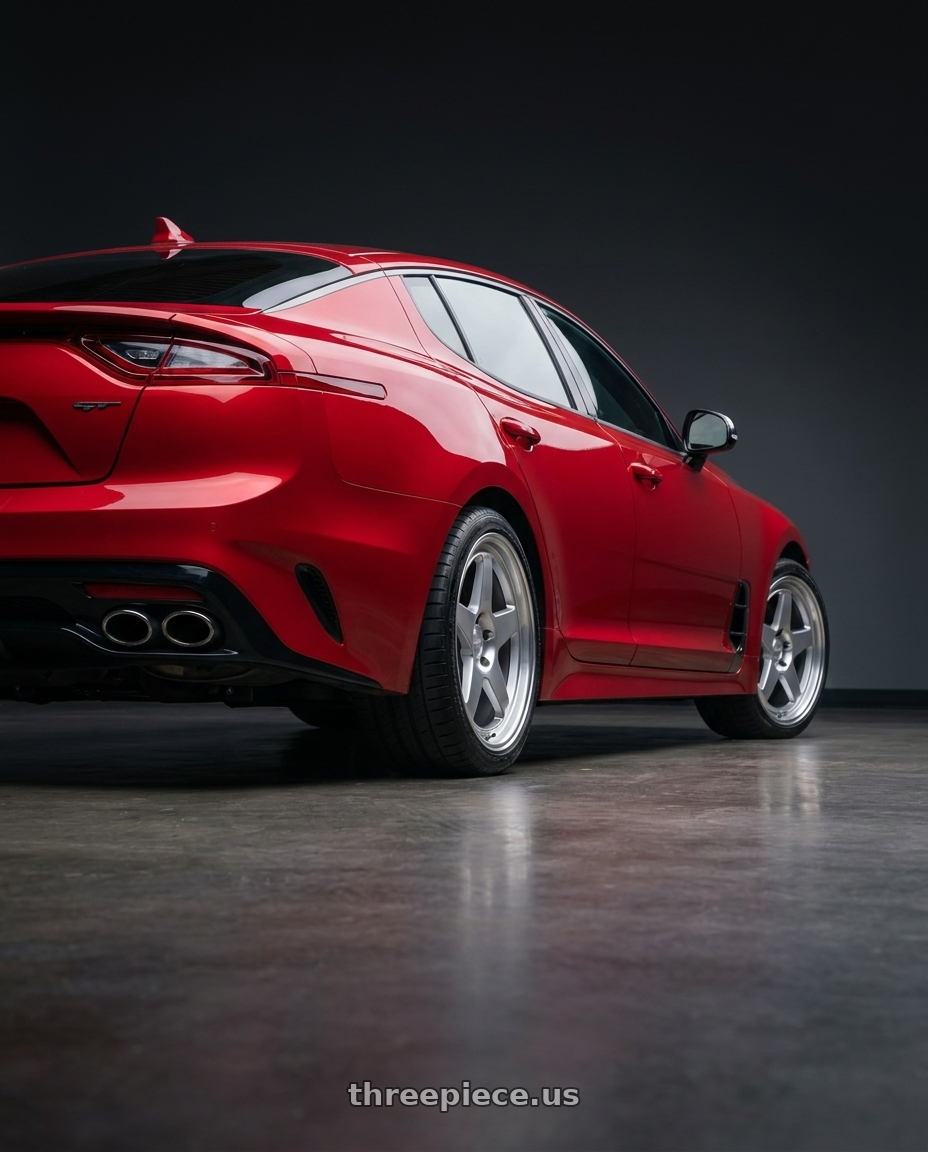 2018 Kia Stinger GT2 AWD with Kansei K12H KNP 5x114.3 19x9.5 35 Hyper Silver wheels rear three quarter view square tires