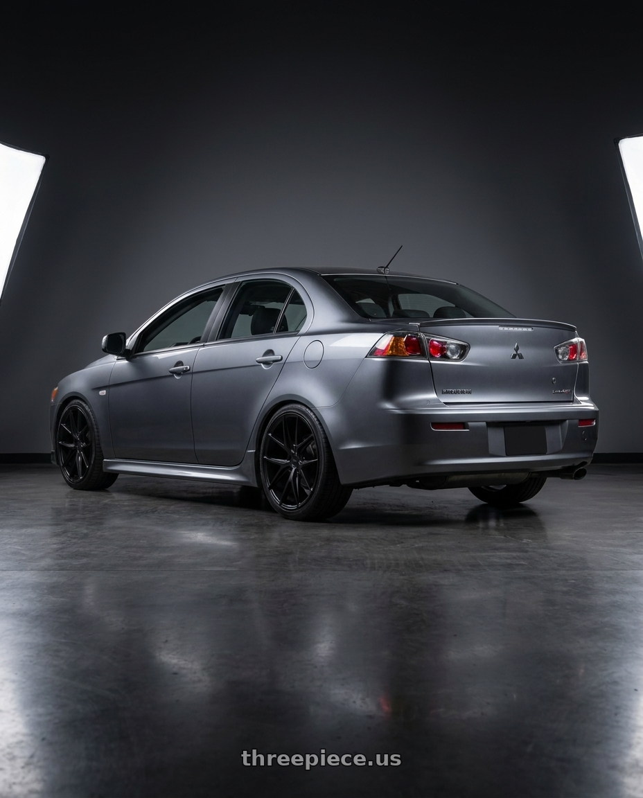 2014 Mitsubishi Lancer Ralliart with Niche 1PC M117 MISANO 5X114.3 18X9.5 +40 MATTE BLACK wheels rear three quarter view square tires