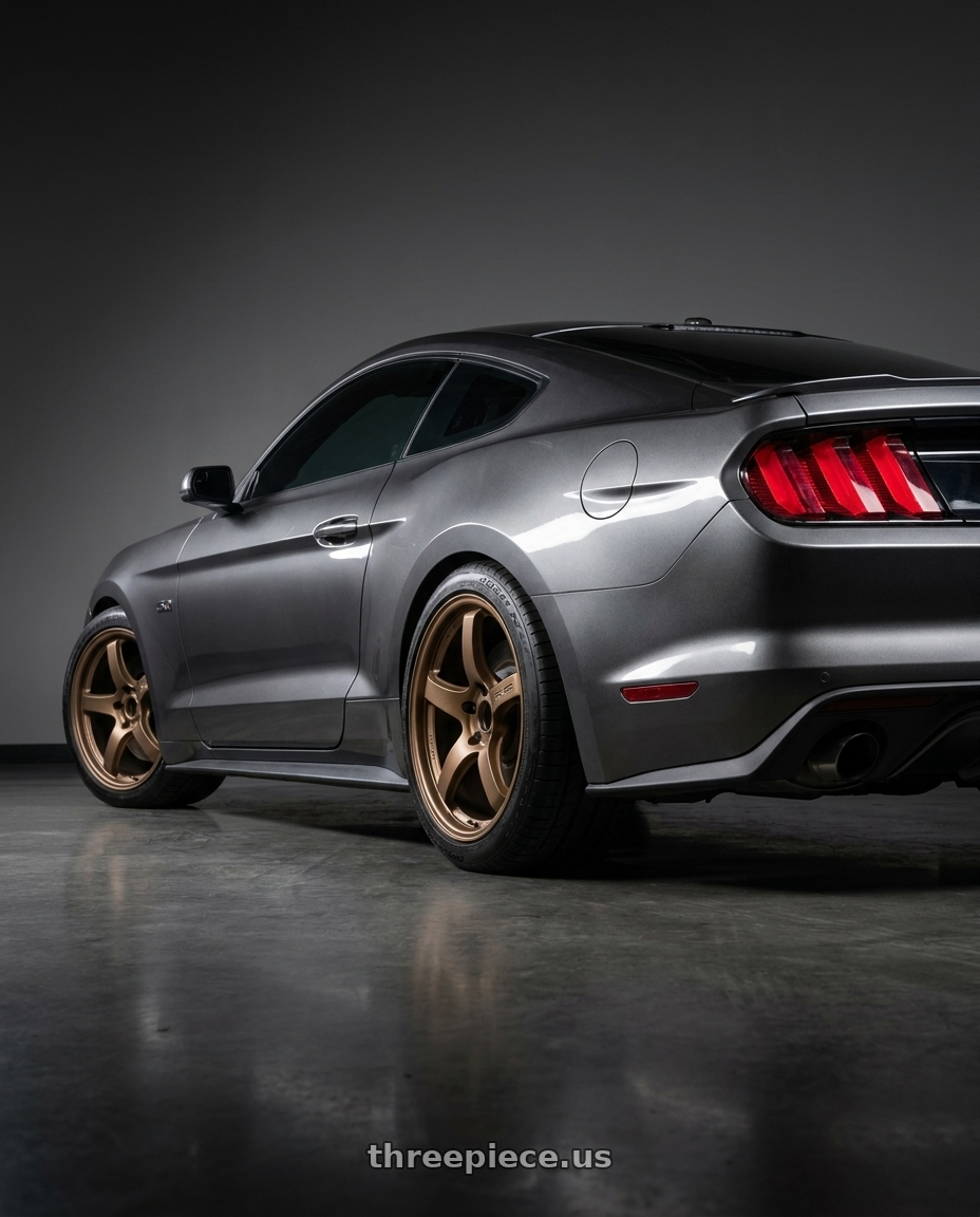 2017 Ford Mustang with Gram Lights 57CR 5x114.3 19x10.5+35 Bronze 2 wheels rear three quarter view square tires