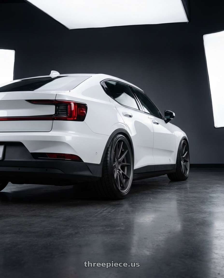 2022 Polestar 2 with Niche 1PC M157 FORM 5X112 20X10.5 +27 MATTE ANTHRACITE wheels rear three quarter view extreme stretch tires