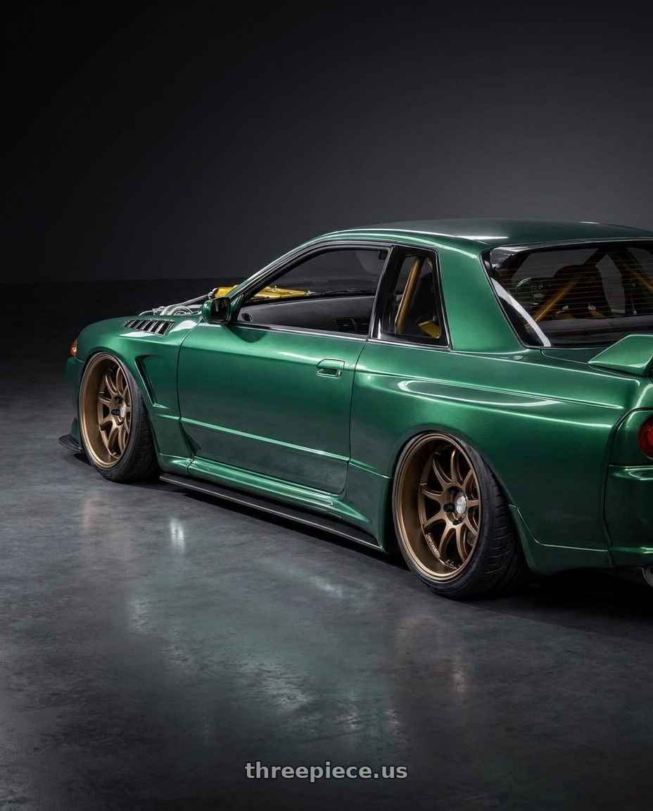 1993 Nissan Skyline R32 GTR with Work Emotion D9R wheels rear three quarter view extreme stretch tires