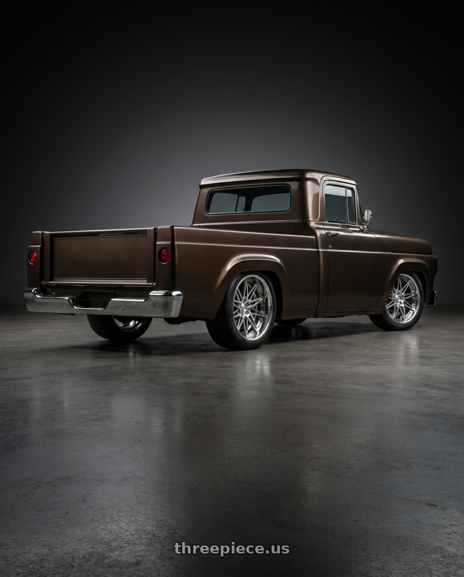 1960 ford f100 with Work Schwert Sg1 5x114.3 20x9.5+45 O Disk Glim Silver wheels rear three quarter view square tires