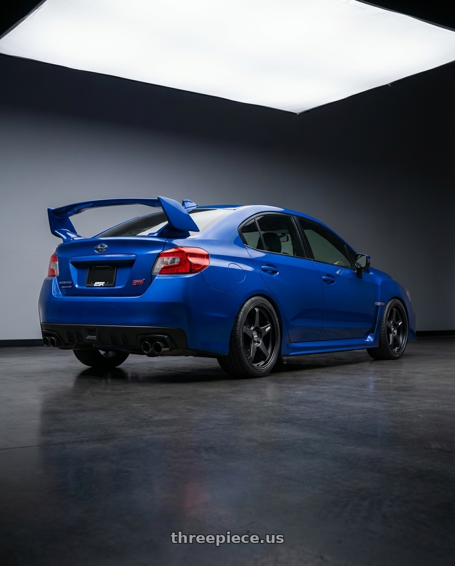 2018 Subaru WRX STI with ESR Wheels APEX SERIES AP5 5x114.3 18x9.5 +22 Matte Black wheels rear three quarter view square tires