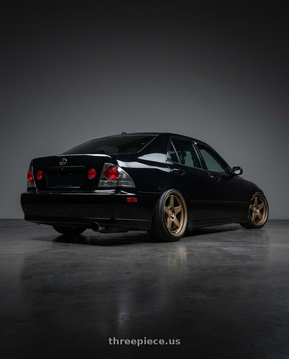 2004 Lexus IS300 Black with Kansei K12B KNP 5x114.3 18x9 12 Bronze wheels rear three quarter view slight stretch tires