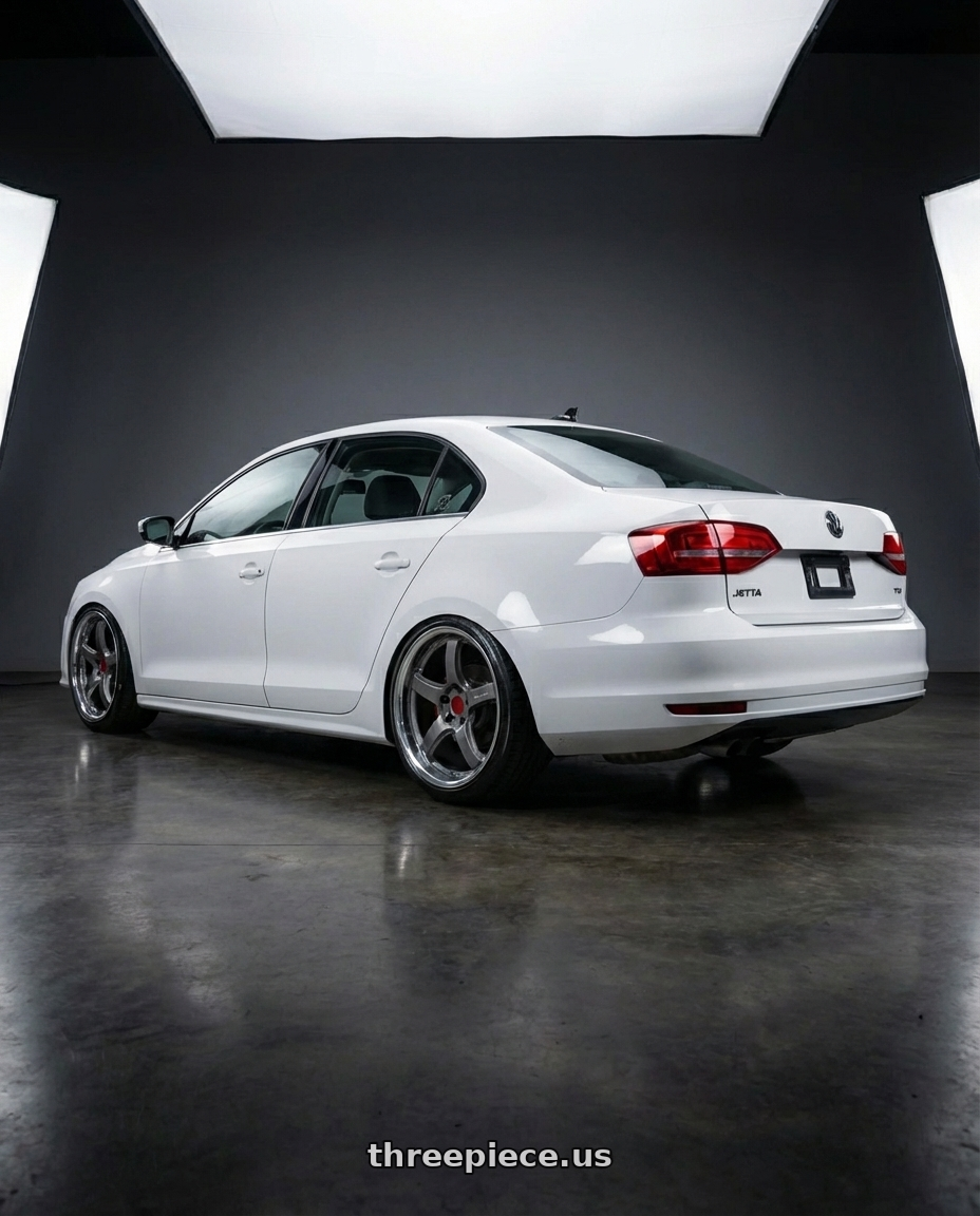 2015 Volkswagen Jetta TDI S with Gram Lights 57CR 5x114.3 18x9.5+38 Glossy Grey wheels rear three quarter view slight stretch tires