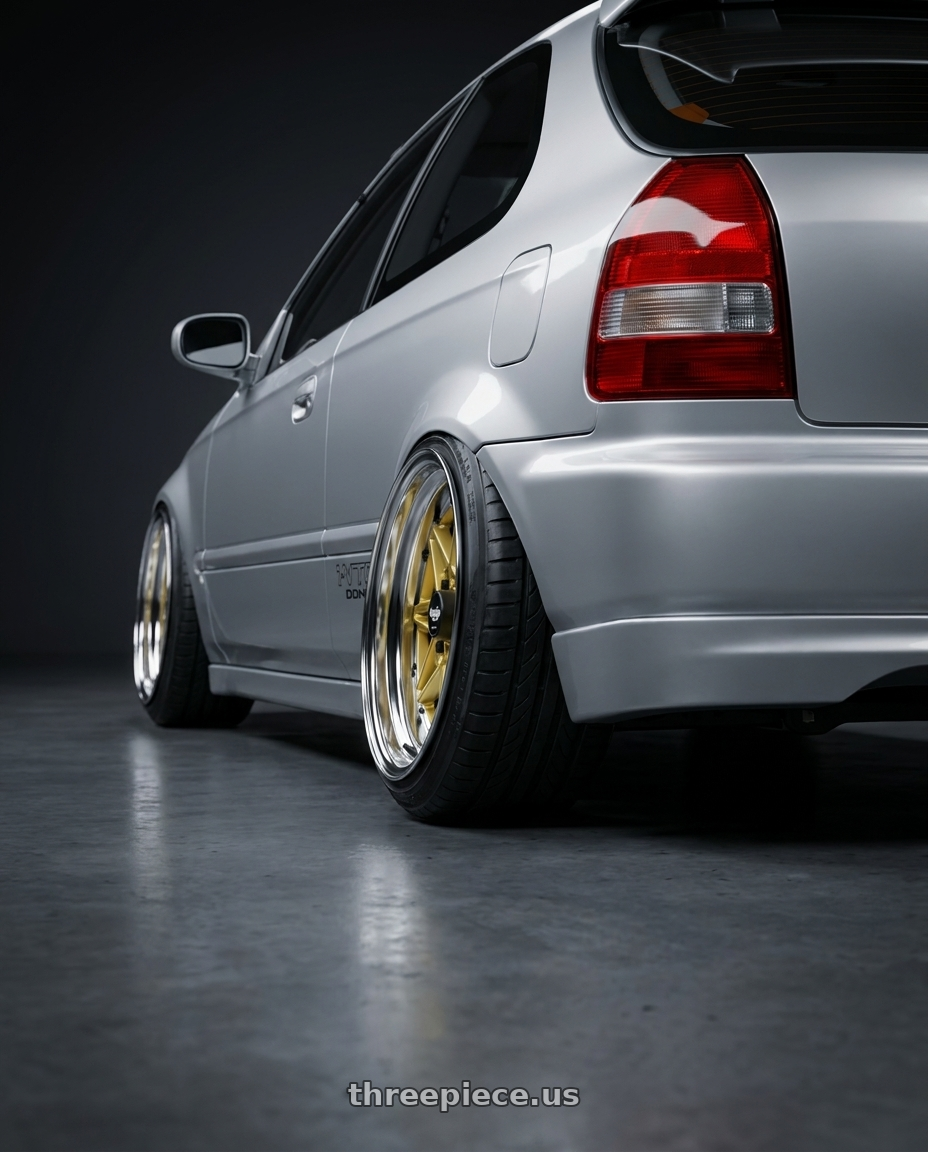 1999 HONDA CIVIC HATCHBACK with WORK Equip 03 4x100 15x11 -31 GOLD wheels rear three quarter view extreme stretch tires