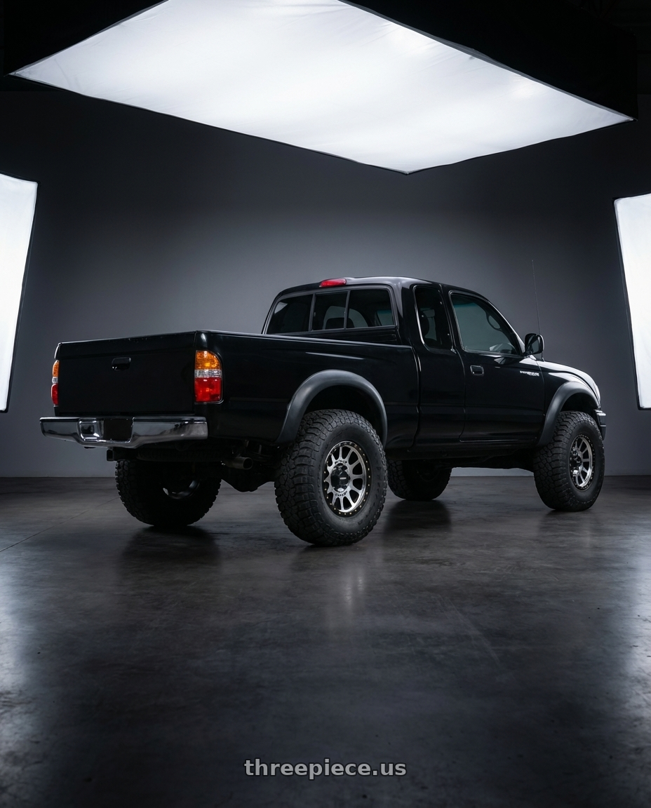 1999 Toyota Tacoma xtra cab black  with Method Race Wheels 305MB NV 6x139.7 17x8.5 +0 MACHINED - MATTE BLACK LIP wheels rear three quarter view meaty tires