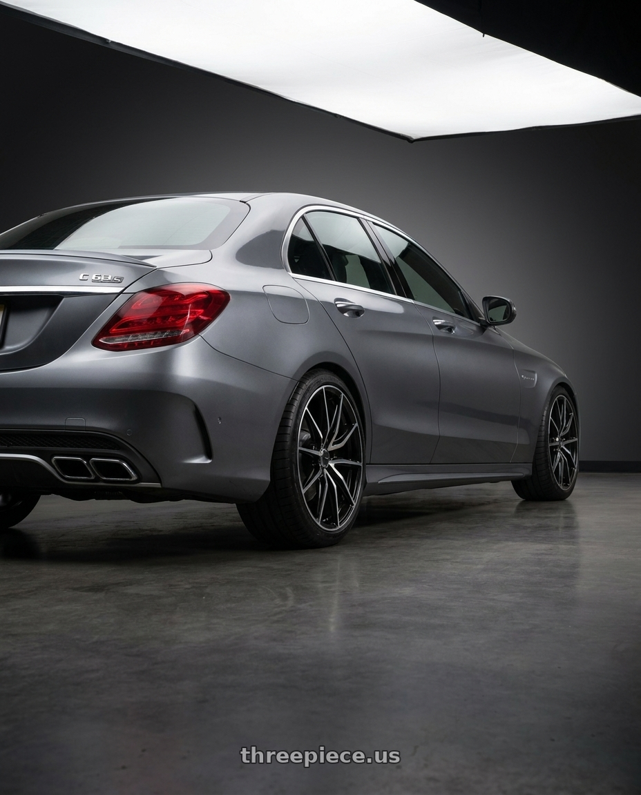 2016 Benz C63S with Enkei DRACO 5x100 18x8+45 Black Machined wheels rear three quarter view square tires
