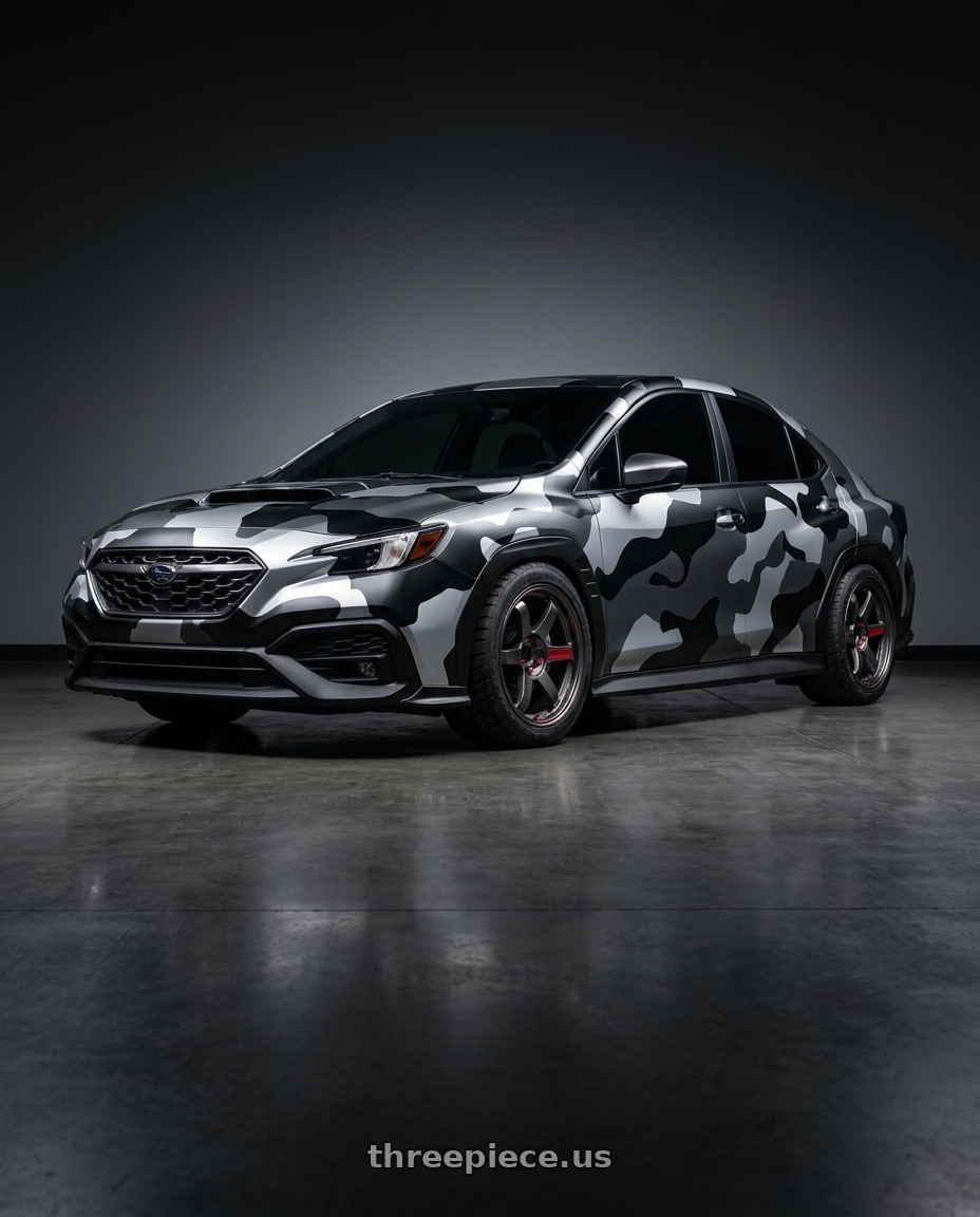 2025 Subaru wrx with dark tinted windows and black silver and Grey camo wrap with Volk Racing TE37 Saga SL 5x114.3 18x9.5+22 Pressed Graphite wheels