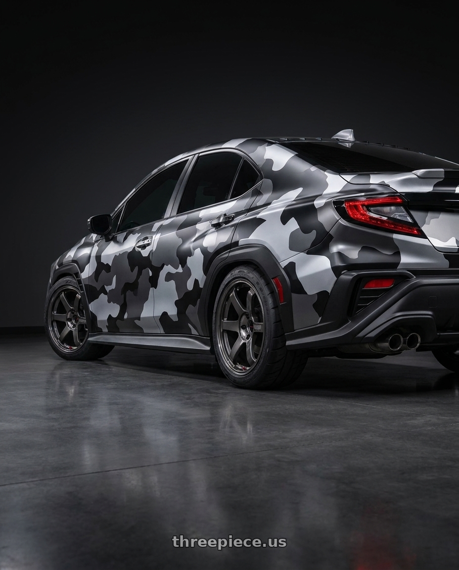 2025 Subaru wrx with dark tinted windows and black silver and Grey camo wrap with Volk Racing TE37 Saga SL 5x114.3 18x9.5+22 Pressed Graphite wheels rear three quarter view meaty tires
