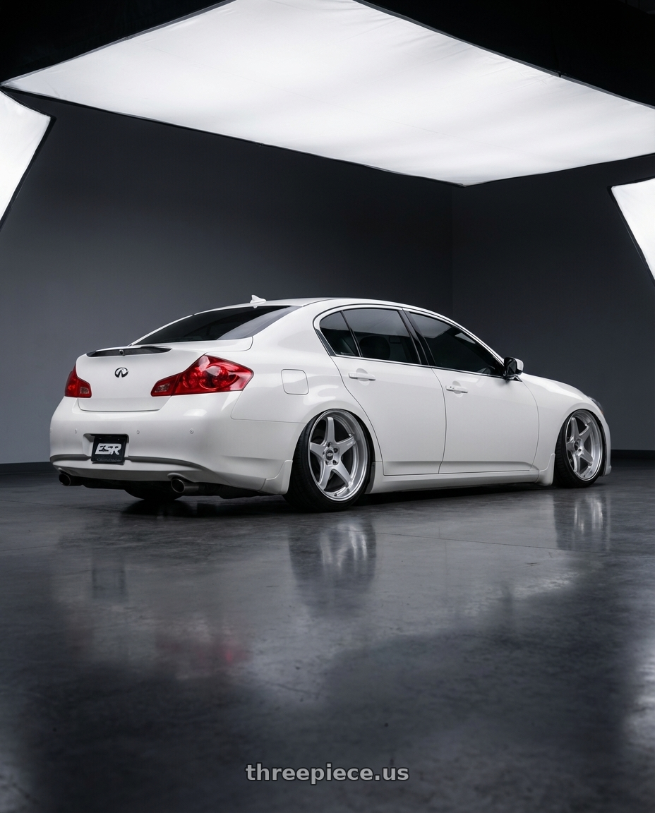 2012 Infiniti G37 with ESR Wheels APEX SERIES AP5 5x114.3 19x11 +22 Hyper Silver wheels rear three quarter view slight stretch tires