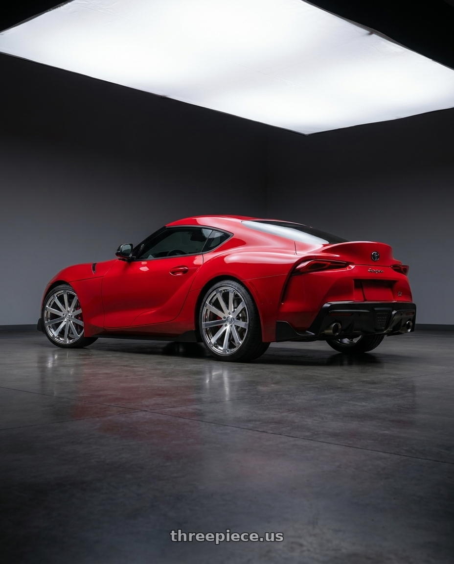 2020 toyota supra gr with VELOCITY 12 5X112 22x8 +38 CHROME wheels rear three quarter view square tires