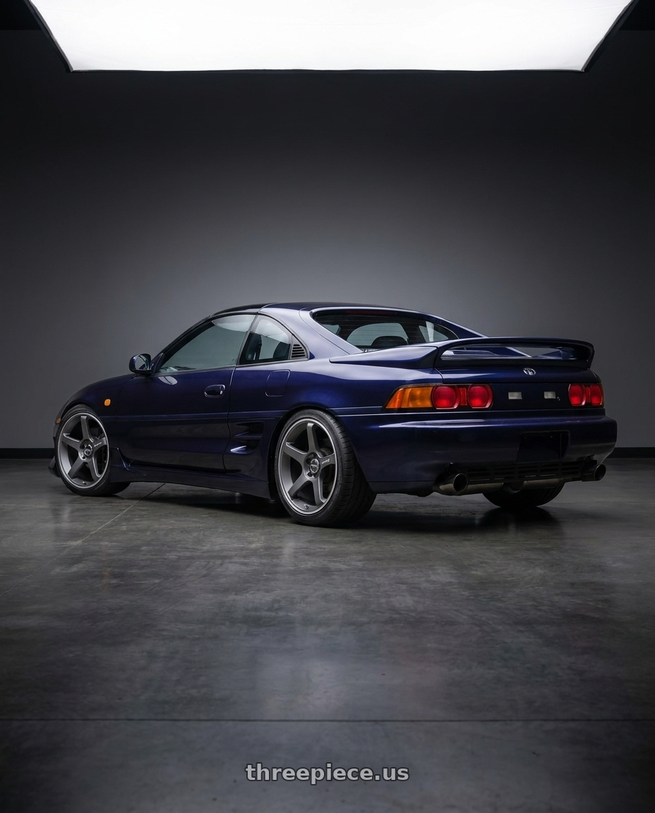 1998 Toyota MR2 with Motegi MR159 BATTLE V 5X114.3 18x8.5 +22 GUNZILLA W/ MACHINED LIP STRIPE wheels rear three quarter view slight stretch tires