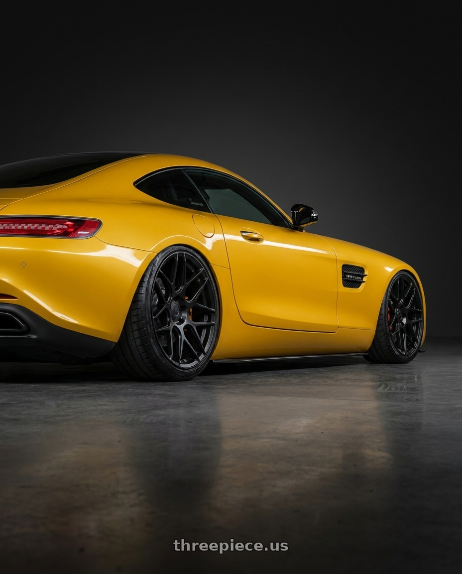 2019 Mercedes-Benz AMG GT with Aodhan AFF2 5x112 20x9+30 Matte Black wheels rear three quarter view slight stretch tires