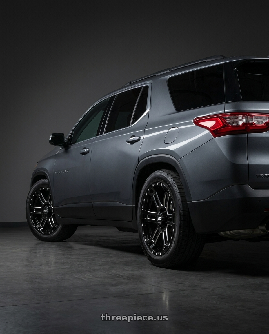 2020 Chevrolet Traverse with Enkei Commander 6x139.7 18x8.5+10 Black Machined wheels rear three quarter view square tires
