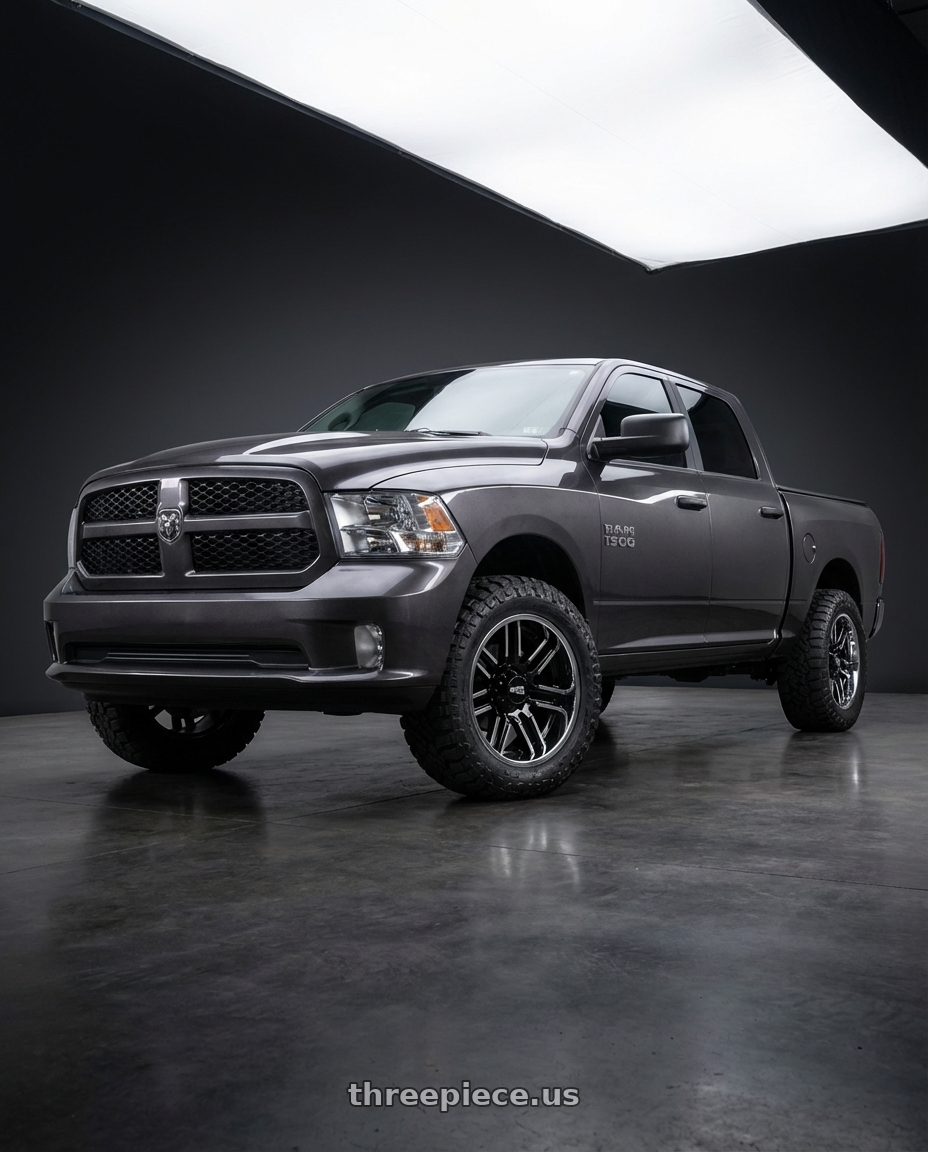 2024 Ram 1500 with Moto Metal MO202 6X139.7 22X10 -18 GLOSS BLACK MACHINED CENTER CHROME LIP wheels