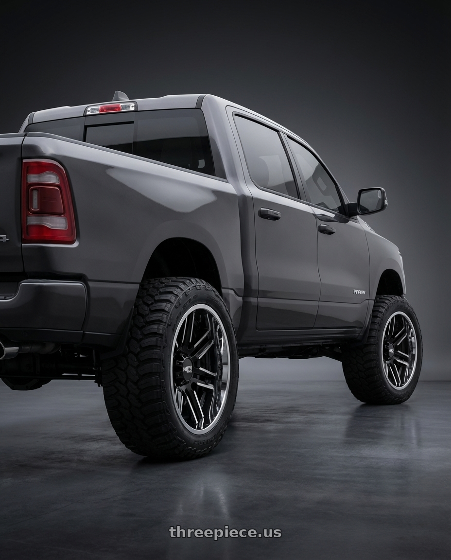 2024 Ram 1500 with Moto Metal MO202 6X139.7 22X10 -18 GLOSS BLACK MACHINED CENTER CHROME LIP wheels rear three quarter view meaty tires