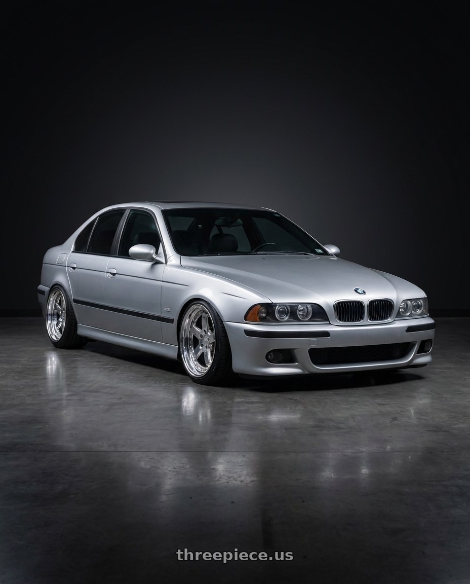 2003 BMW M5 with ESR Wheels RF2 5x120 18x8.5 +30 Chrome wheels front three quarter view lowered stance