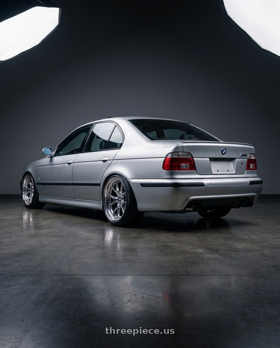 2003 BMW M5 with ESR Wheels RF2 5x120 18x8.5 +30 Chrome wheels rear three quarter view slight stretch tires