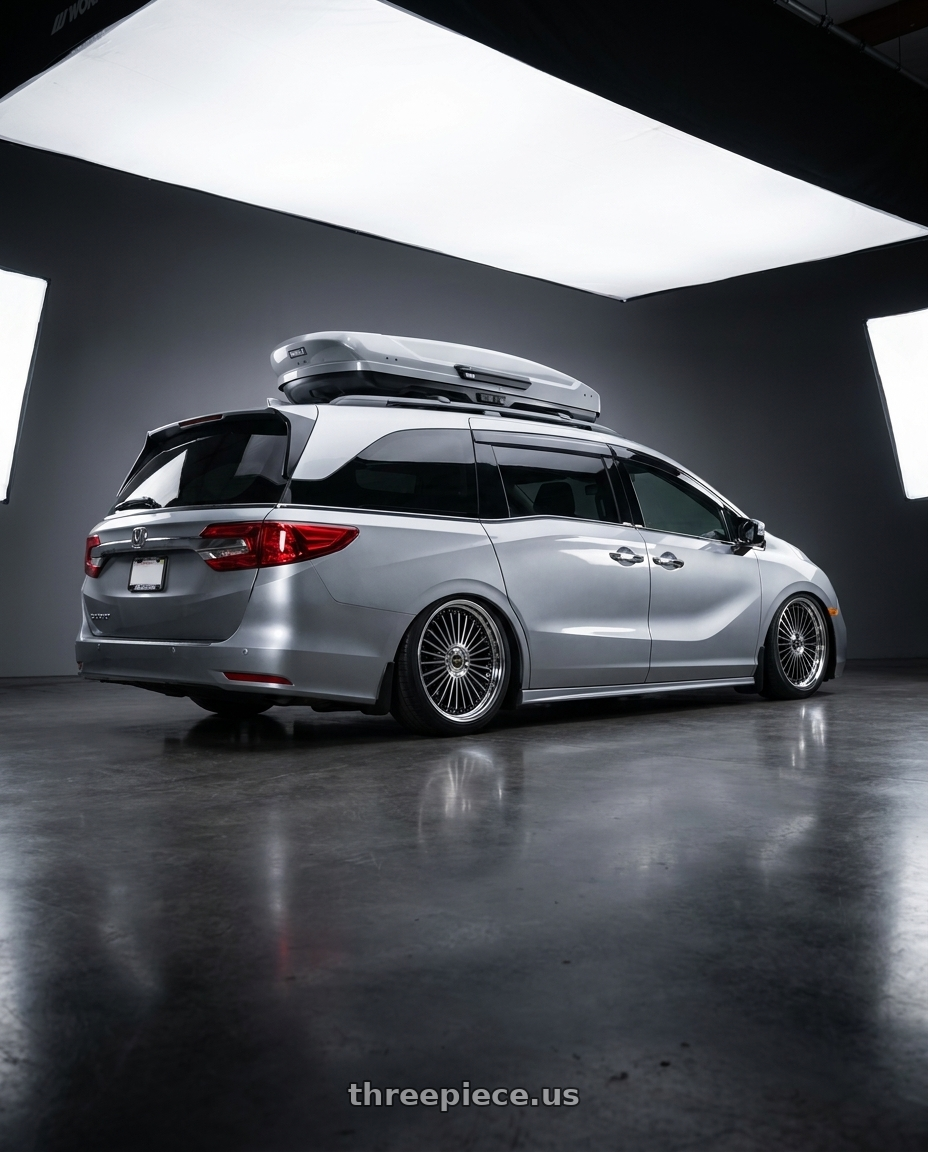 2024 honda odyssey with Work Emitz Black Polish 5x120 19x8.0 +45 wheels rear three quarter view slight stretch tires