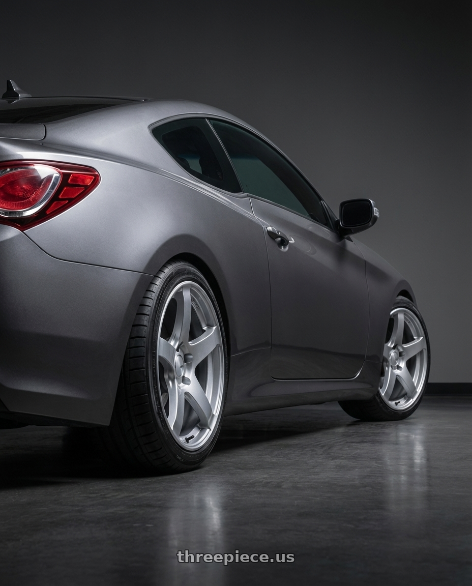 2014 Hyundai Genesis Coupe with Ssr Gtv01 5x114.3 19x8.5+38  GLARE SILVER wheels rear three quarter view square tires