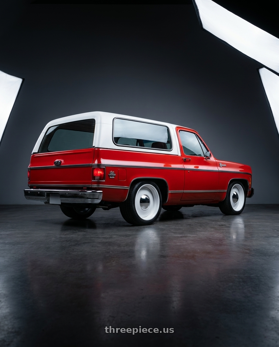 1978 Chevy Blazer with Boyd Coddington 61W Smoothie 5X5.00 20x9 0 White wheels rear three quarter view square tires