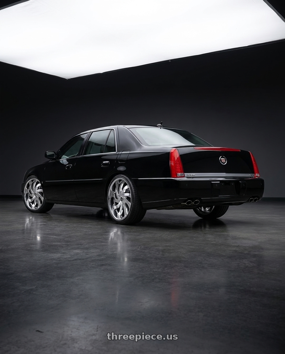 2009 cadillac dts platinum black with Strada FLAME 5x114.3 / 5x120 20x8.5 35MM Chrome wheels rear three quarter view slight stretch tires