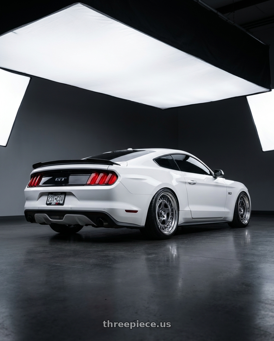 2016 Ford mustang with FORMULA AERO SPOKE 5x114.3 19X8.5+30 NR Disk Titan Silver wheels rear three quarter view slight stretch tires