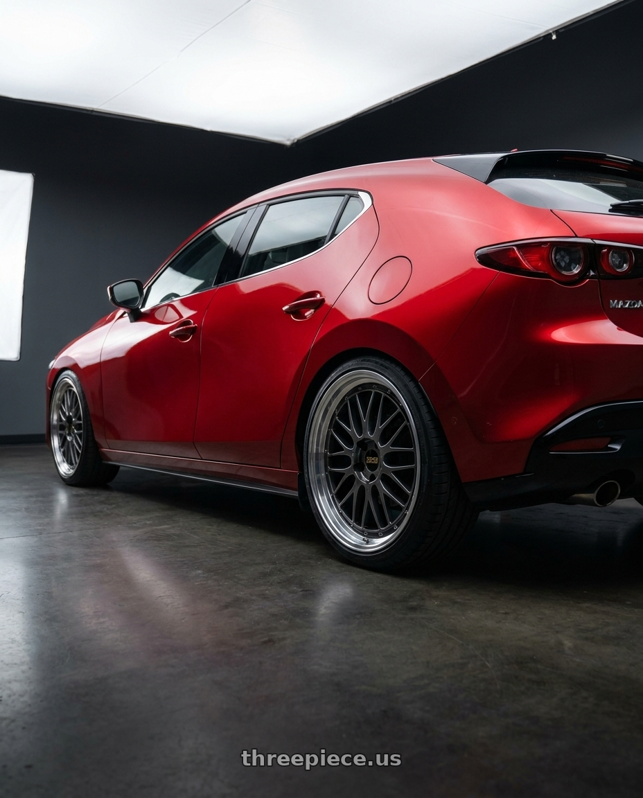 2024 Mazda 3 with BBS LM 5x112 19x8.5+32 Diamond Black wheels rear three quarter view slight stretch tires