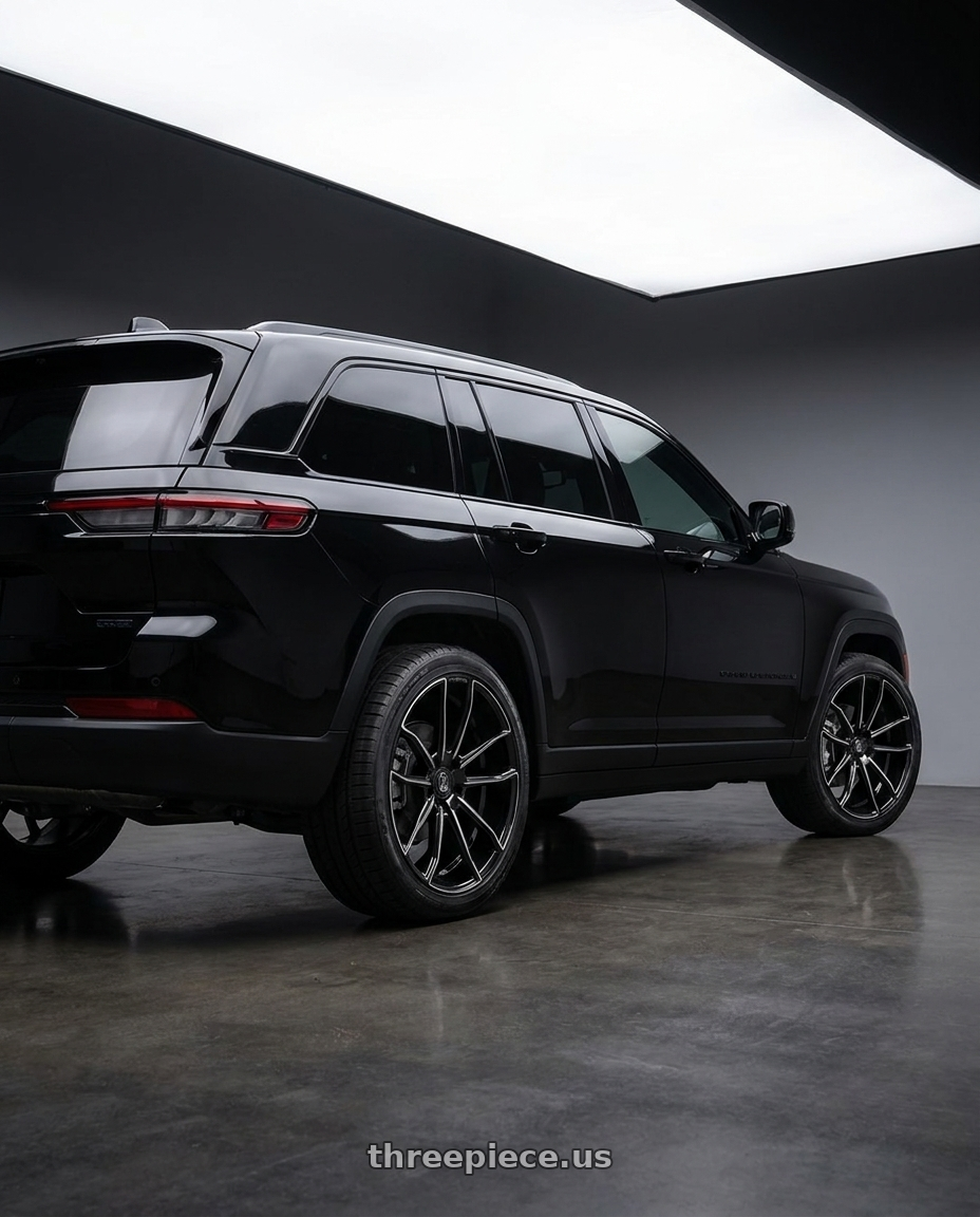 2024 jeep grand Cherokee l with Axe EX33 5x127 22X9+35 GLOSS BLACK wheels rear three quarter view square tires