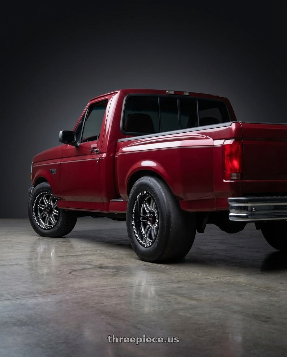 1994 ford f150 flareside with WELD Street Performance Laguna 6 Beadlock 6x135 17x10 +42 Gloss Black/Milled Diamond Cut Lip wheels rear three quarter view excessive tires