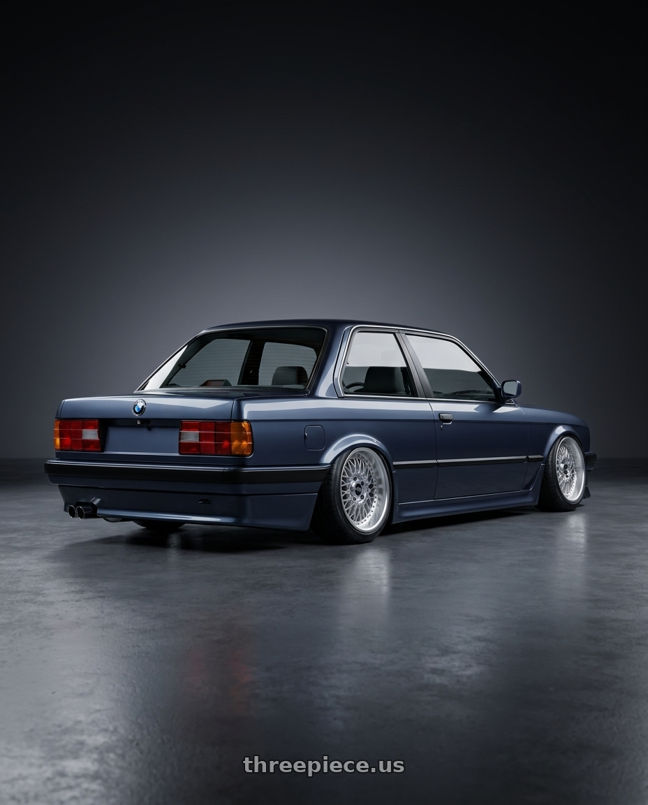 1989 BMW 325i with Work Meister S1 3P 4x100 17x8.5+29 W Disk Silver wheels rear three quarter view slight stretch tires