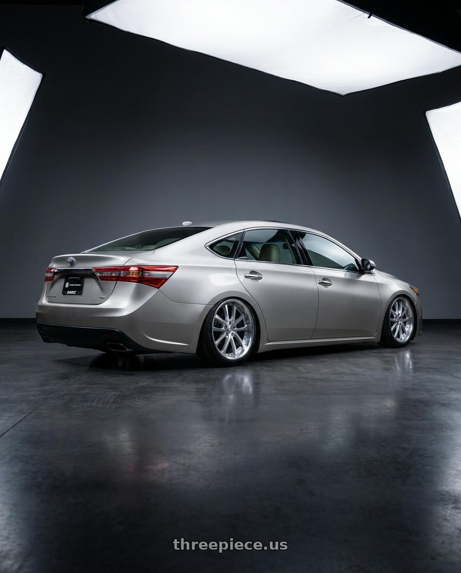 2013 toyota avalon with Vors AR5 5x114.3 19x9.5 +35 Silver Machine Face Lip Chrome Rivet wheels rear three quarter view square tires