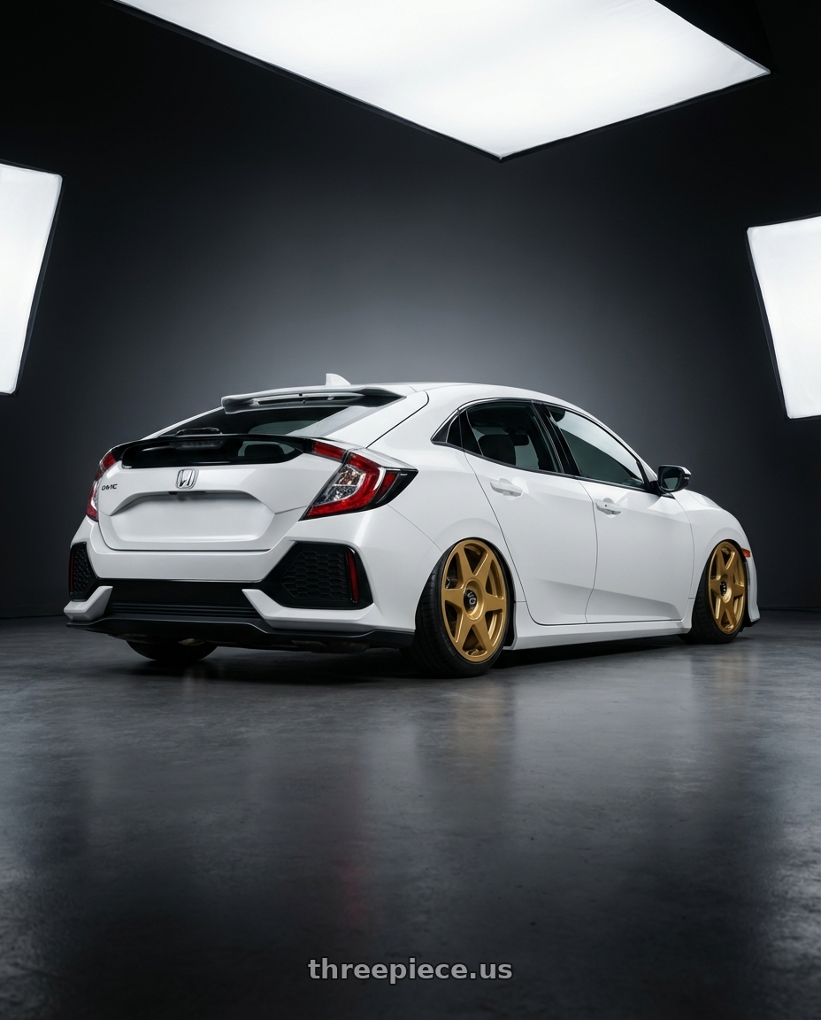 2019 Honda Civic with fifteen52 TARMAC EVO 5x114.3 / 5x120 19x8.5 +35 GOLD (GLOSS GOLD) wheels rear three quarter view slight stretch tires