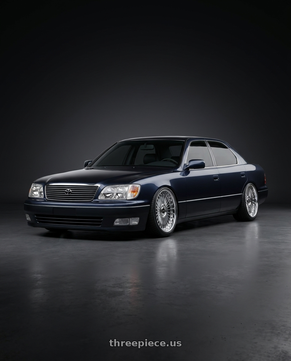 1997 Lexus LS400 with Work Emitz Chrome 5x114.3 19x8.0 +45 wheels front three quarter view lowered stance
