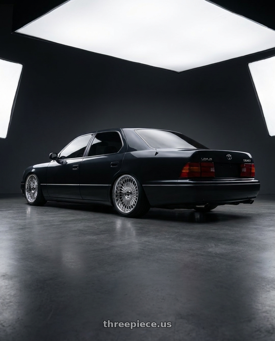 1997 Lexus LS400 with Work Emitz Chrome 5x114.3 19x8.0 +45 wheels rear three quarter view square tires