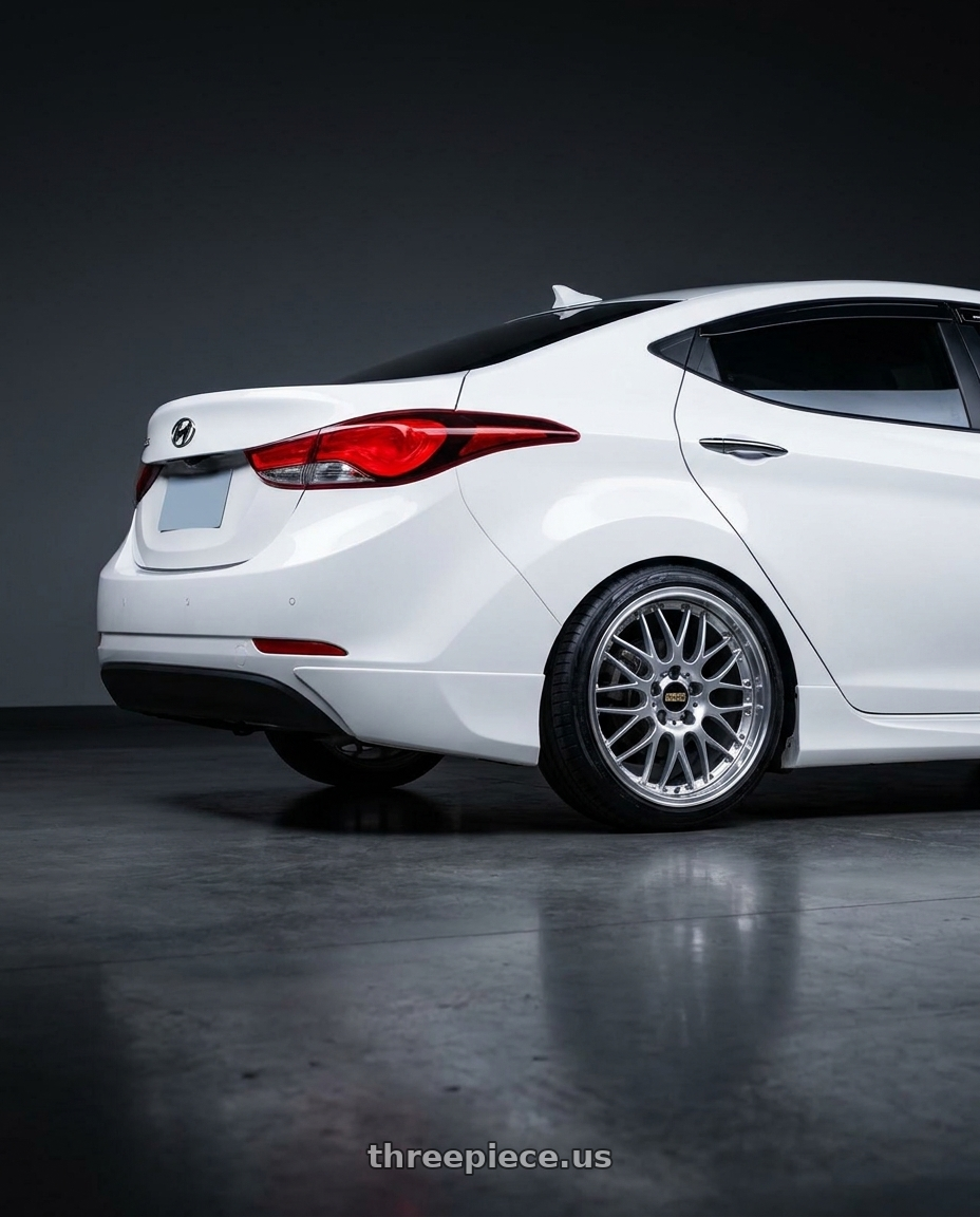 2014 hyundai elantra white with BBS RS-GT 5x114.3 19x10.0+40 Diamond Silver wheels rear three quarter view slight stretch tires