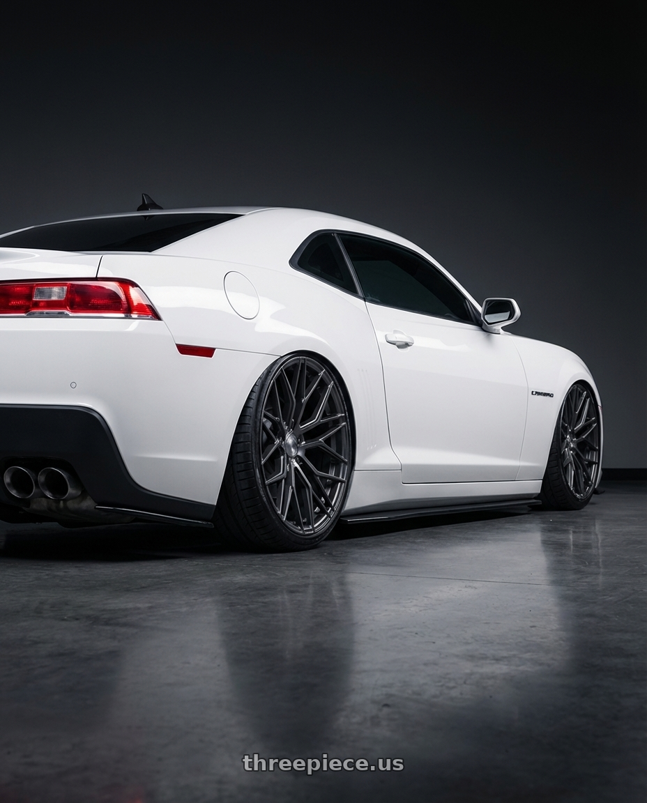 2014 Chevrolet Camaro 5th Gen with Avant Garde Wheels M520R 5X120 20x11 +45 Dark Graphite Metallic wheels rear three quarter view slight stretch tires