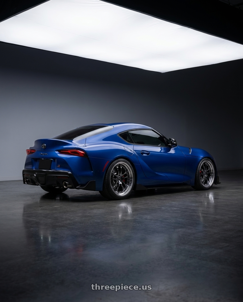 2026 toyota supra with Ssr Agle Minerva Step Rim 5x120 21x9+6 Hyper Disk Super Black Coat wheels rear three quarter view square tires