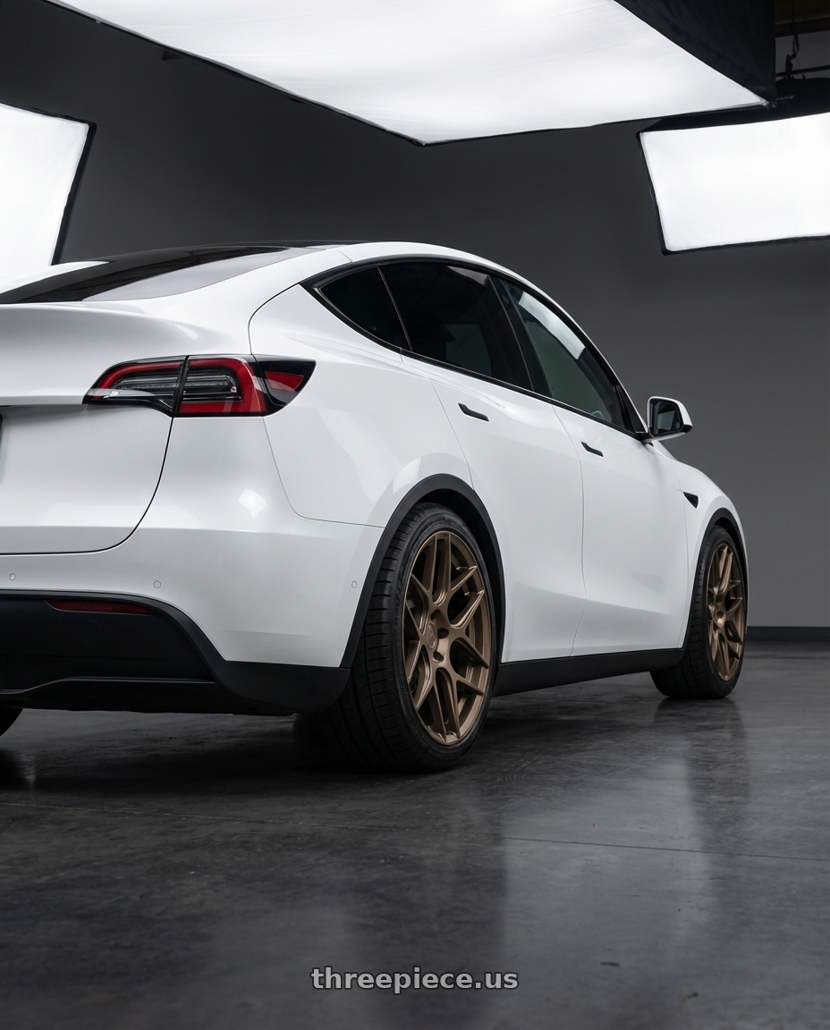 2024 Tesla Model Y with Aodhan AFF2 5x114.3 20x9+32 Matte Bronze wheels rear three quarter view square tires