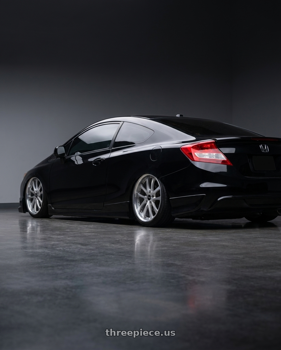 2013 honda civic si with ARC AR5 5x114.3 18x8.5  +35 Silver Machine Face Lip Chrome Rivet wheels rear three quarter view slight stretch tires