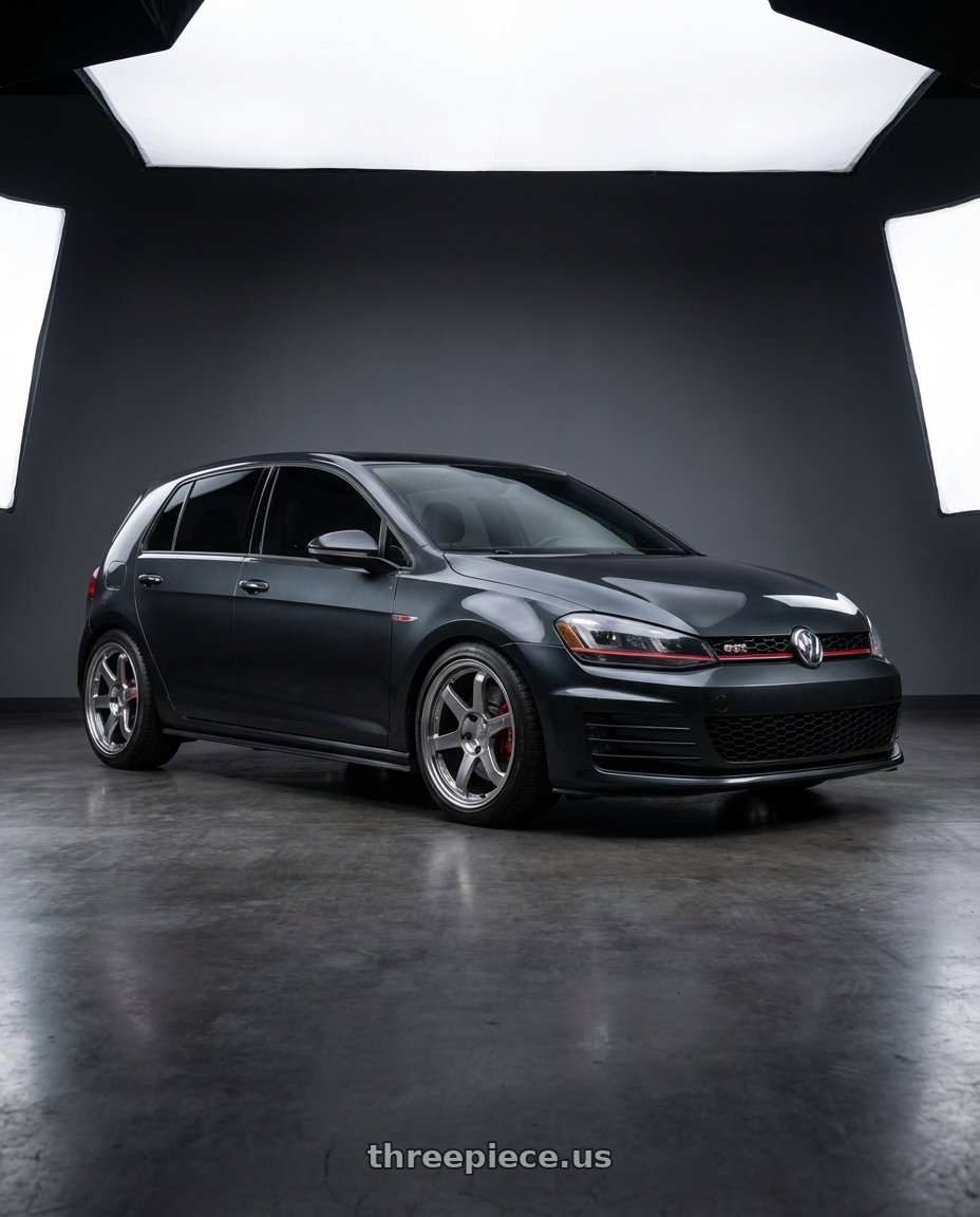 2017 Volkswagen Golf GTI with Volk Racing TE37SL 5x112 19x9.5 +22 FORMULA SILVER wheels front three quarter view lowered stance
