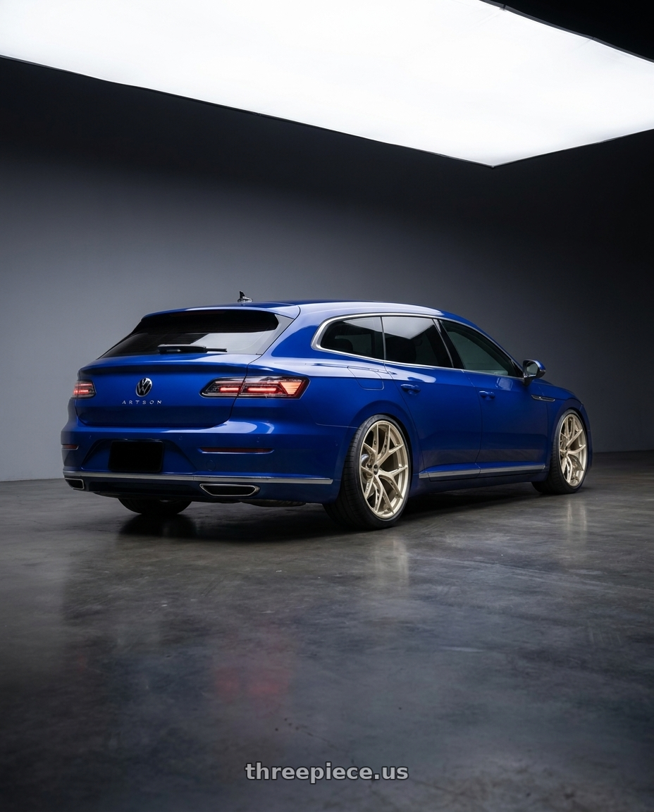 2023 vw Arteon shooting brake with BBS FI-R Evo 5x112 19x9.5+15 White Gold wheels rear three quarter view extreme stretch tires