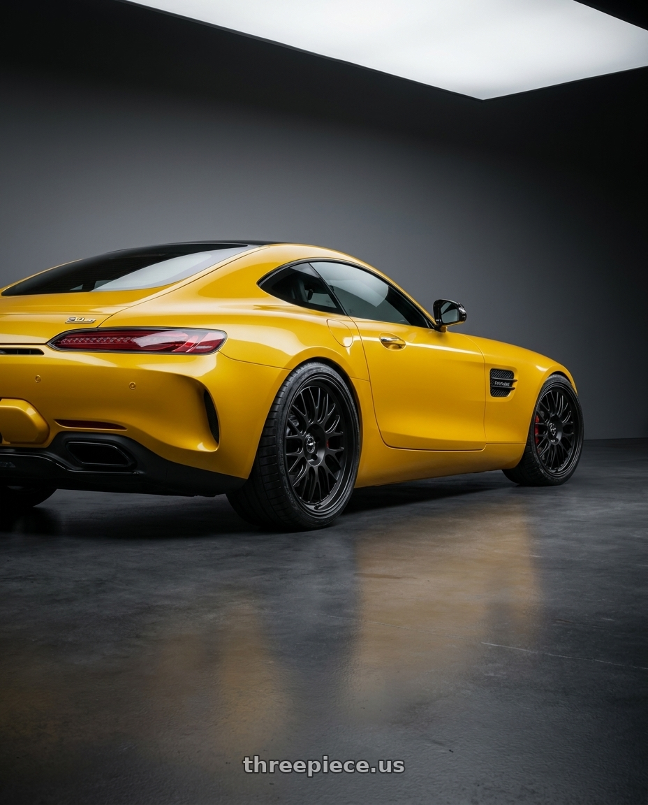 2019 Mercedes-Benz AMG GT with fifteen52 HOLESHOT 5x112 19x8.5 +45 ASPHALT BLACK (SATIN BLACK) wheels rear three quarter view square tires