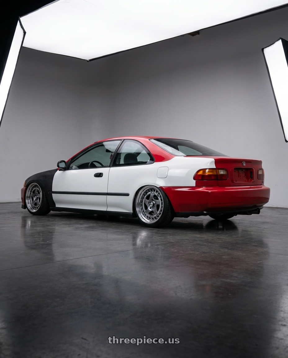 1994 honda civic ex with FORMULA AERO SPOKE 4x100 16X6.5+38 NR Disk Titan Silver wheels rear three quarter view square tires
