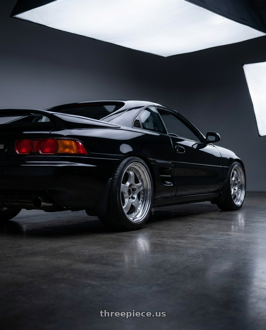 1993 Toyota MR2 with Work Meister S1 3P 5x114.3 17x7+36 W Disk Silver wheels rear three quarter view square tires