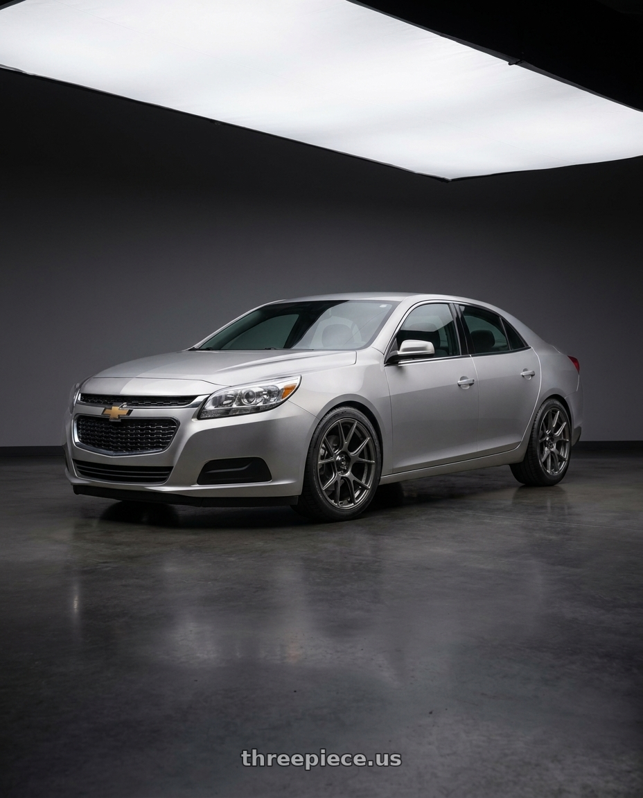 2015 Chevrolet Malibu with Konig Ampliform 5x120 18x8.5+32 Dark Metallic Graphite wheels front three quarter view lowered stance