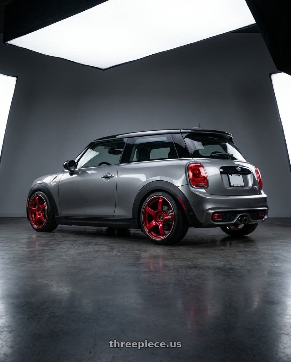2016 Mini Cooper S with Advan Racing TC4 5x112 18x7.5 +48 RACING CANDY RED & RING wheels rear three quarter view square tires