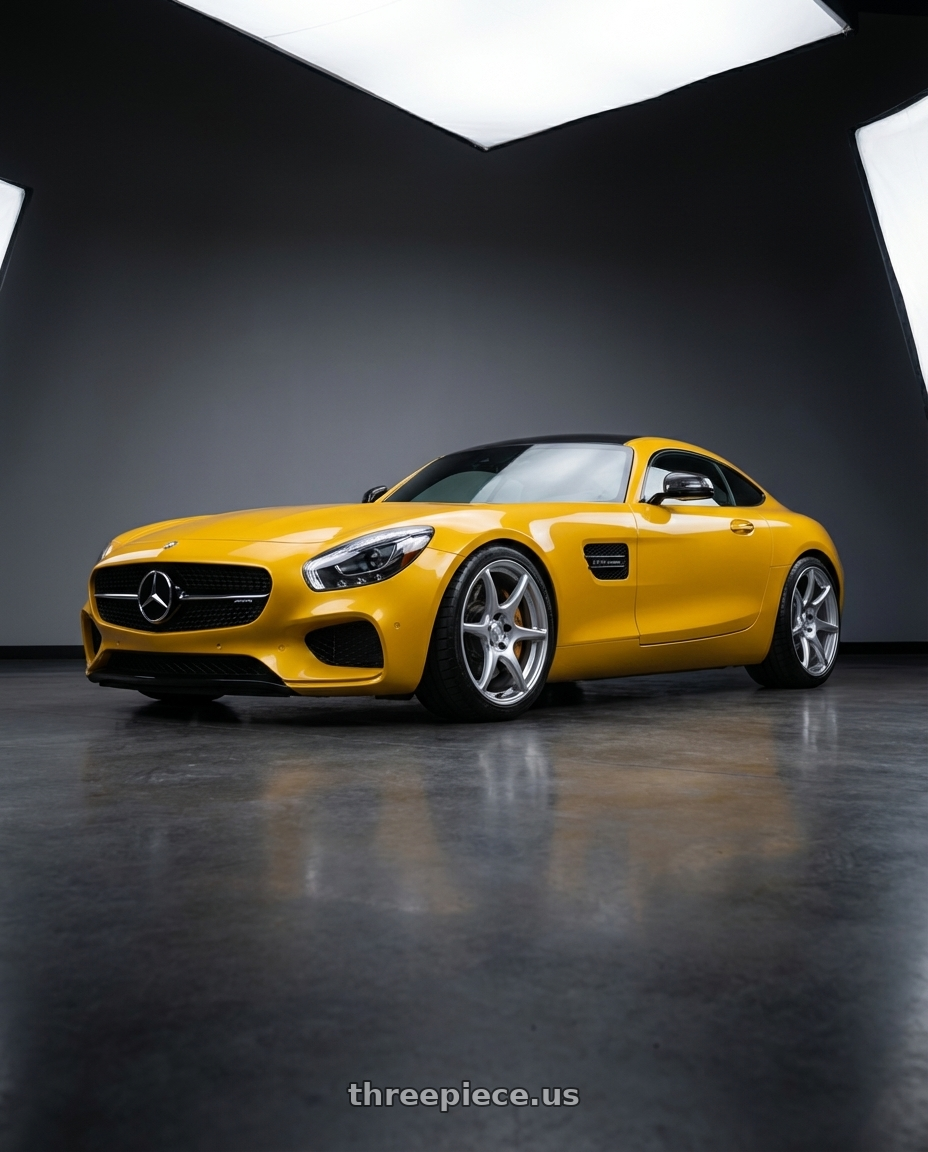 2019 Mercedes-Benz AMG GT with Kansei K11S Tandem 5X112 19x10.5 22 Hyper Silver wheels front three quarter view lowered stance