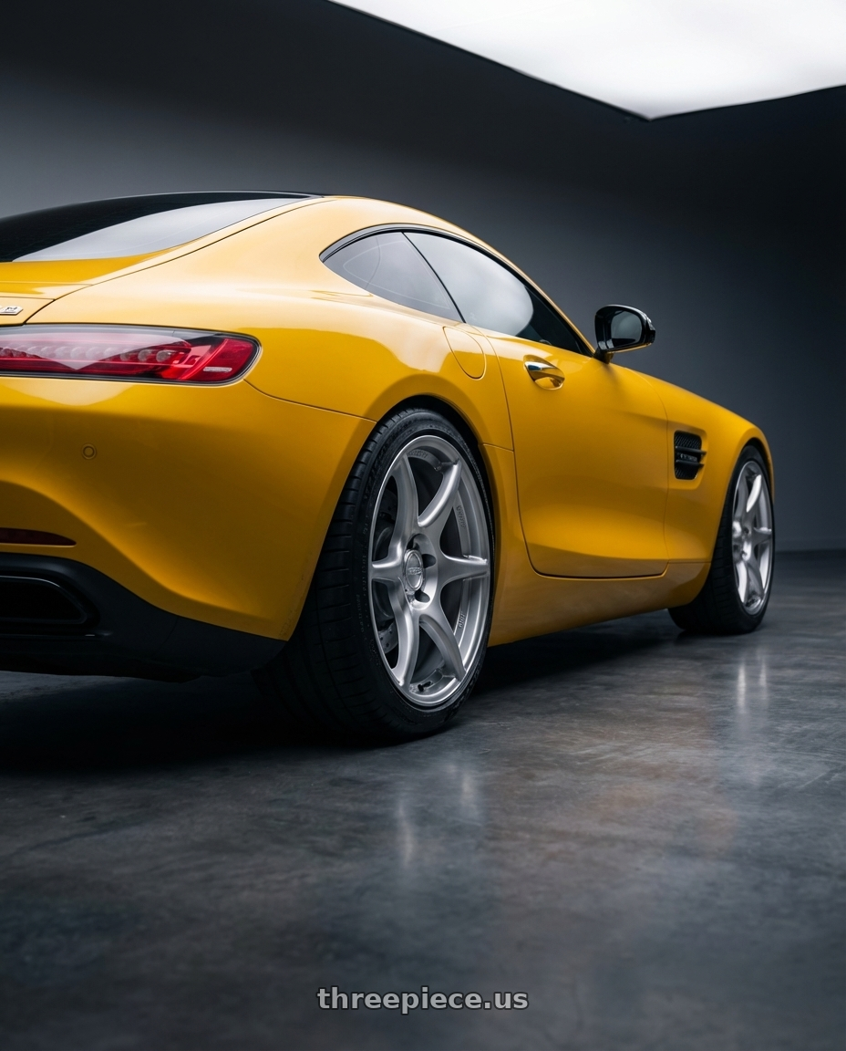 2019 Mercedes-Benz AMG GT with Kansei K11S Tandem 5X112 19x10.5 22 Hyper Silver wheels rear three quarter view square tires